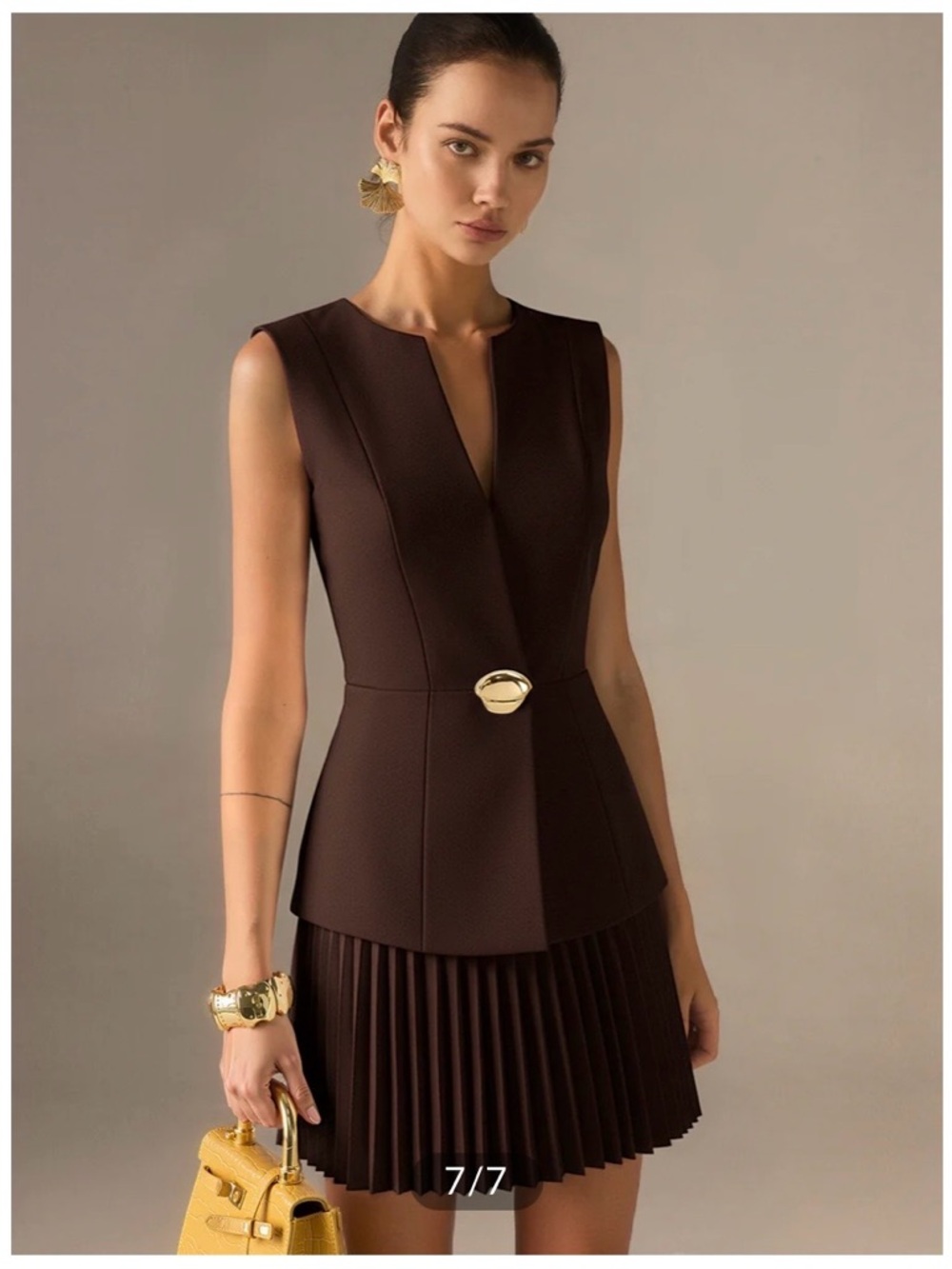 Brown Pleated Dress with Gold Pin Accent